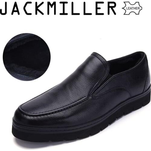 Jackmiller Top Brand Mens Winter Shoes Black Cow Leather Wool Lining Warm High Quality Basic Mens Shoes Casual Comfortable