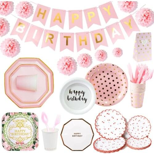 Rose gold Disposable tableware sets paper plate straw cup Pink Party for wedding birthday party supplies Girls Baby Shower Decor