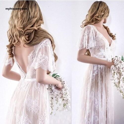 2021newV-neck lotus leaf sleeve ivory white lace bridal wedding dress lawn wedding elegant simple beach light gauze openbackrobe