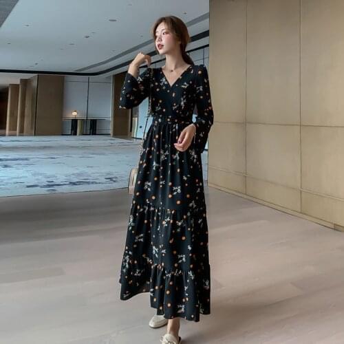 Women Dress Autumn Summer V-Neck Long Sleeve Floral Dress Black Vintage Long Dress Beach Plus Size vestido de mujer