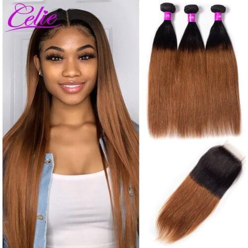 Celie Hair 1B 30 Ombre Straight Hair Bundles With Closure Brazilian Hair 3 Bundles With Closure Colored Bundles With Closure