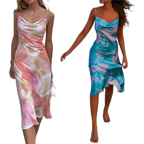 Female Sundress Floral Print Sleeveless Spaghetti Strap Slip Dress for Adults Women Pink/Blue S/M/L