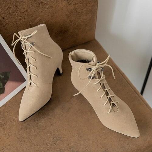 YQBTDL 2020 Autumn Winter Stiletto High Heel Boots Faux Nubuck Lace Up Sexy Thin Heels Ankle Boots Female Gray Black Lady Shoes