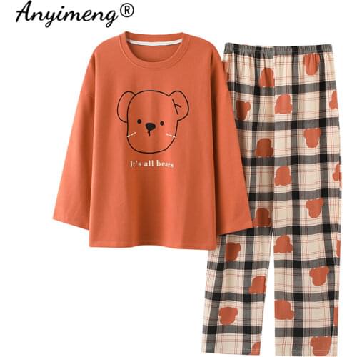 Long Sleeved Womens Two Piece Big Size 3xl 4xl 5xl Cotton Loungewear Pullover Leisure Homewear Big Size Pajamas 2021 Autumn New