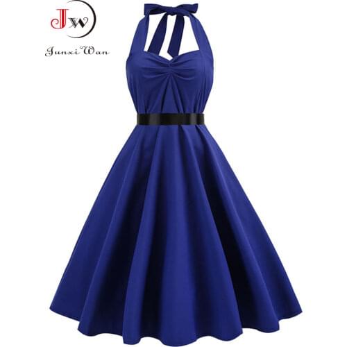 Women Sexy Nightclub Dress Summer Vintage Halter Party Dresses Elegant Cocktail Blackless A-Line Blue Black Dress Plus Size