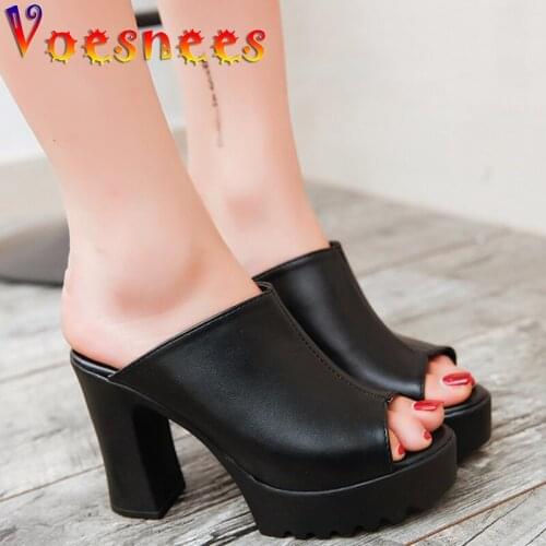 Voesnees Slippers Women Fashion High-Heeled Patent Leather Female Shoes New Thick Heel Waterproof Platform Sandals Ladies Slides