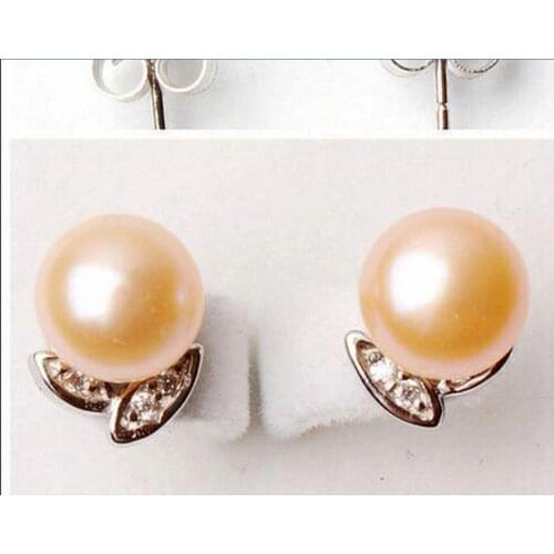 Women Jewelry Earring 6-7mm bright light pink pearl rhinestone petal flower Stud Earring Natural Freshwater pearl