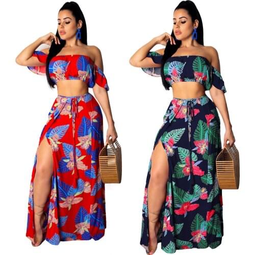 Two Piece Set Women Skirt Summer Summer Sexy Print Ruffled Sleeve Wrapped Chest Split Skirt Two-Piece Suit