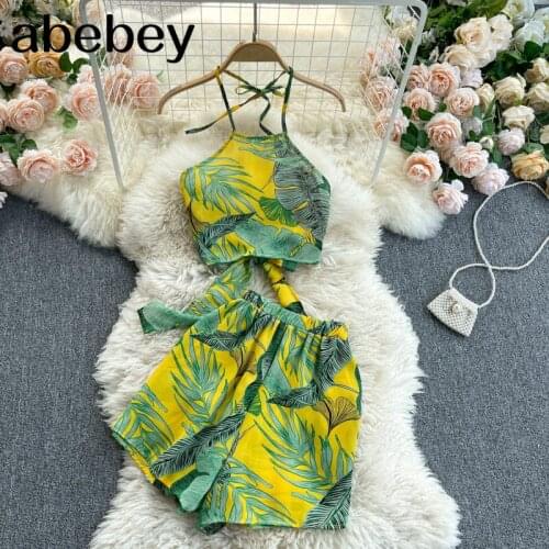 Women Summer Bohemian Print Beach Set Sexy Backless Halter Short Tops+High Waist Wide Leg Short Pants Two Piece Suits