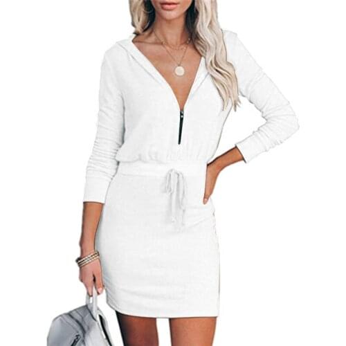 New Womens Solid V Neck Zipper Hooded Mini Dress 2021 Autumn Winter Long Sleeve High Waist Lace Up Wrap Hips Casual Dress Femme