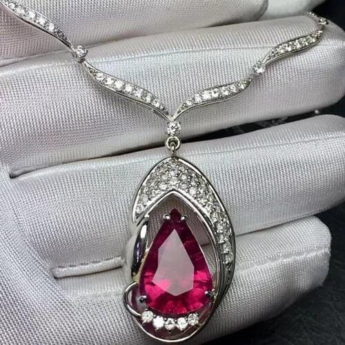 Fine Jewelry Real Pt900 Platinum Gold 100% Natural Rubi Tourmaline 8.25ct Female Diamond Gemstones Diamonds Pendants Necklaces