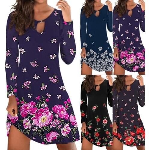 Women Dress O-neck Floral Soft Printed Autumn Women Dress for Daily Wear