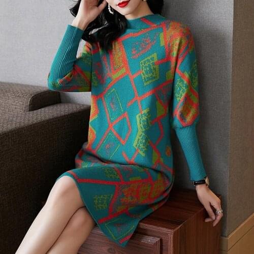 2021 Autumn Print Vintage Turtleneck Wool Sweater Dresses Winter Casual 3XL Plus Size Knitting Sweaters Elegant Women Vestidos