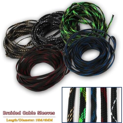 10m 6mm Cable Sleeve Wire Mesh Shock For Cable Sets PET Nylon Braided Cable Sleeving Snakeskin Mesh Wire Protecting