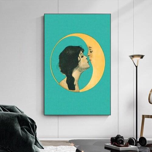 Abstract Beautiful Girl Kissing Moon Canvas Painting Wall Art Nordic Posters and Prints Wall Pictures for Living Room Decoration