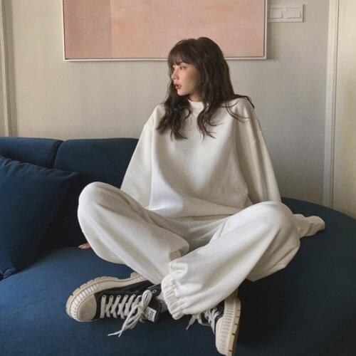 Black Casual 2 Piece Set Sweater Tops Women Tracksuit O-Neck T-Shirt And Loose Pants Suits Female Spring Autumn Outfits 2021 New