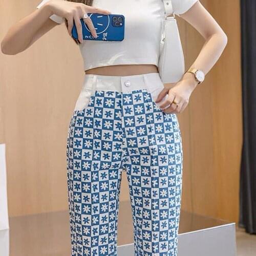 Vintage Printed Jeans Woman Streetwear High Waist Patchwork Straigh Jeans For Women Plus Size Denim Pants Trousers Jean Femme