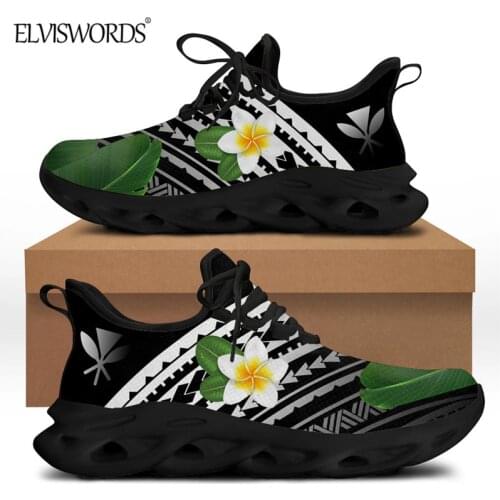 ELVISWORDS Cool Black Sport Sneakr for Women Polynesian Tribal Pattern With Flowers Design Casual Flats Lace-up Lightweight Shoe