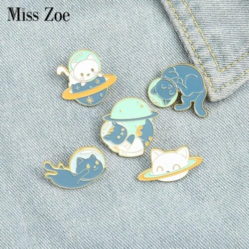 Cats Astronaut Enamel Pins Custom Explore Space Universe Planet Brooches Shirt Lapel Badge Bag Animal Jewelry Gift for Kids