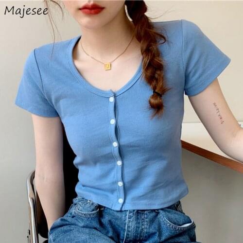 T-shirts Women Solid Fashion Leisure All-match Skinny Short Sleeve Summer Cropped Korean Style Female Tops Gentle O-Neck Simple