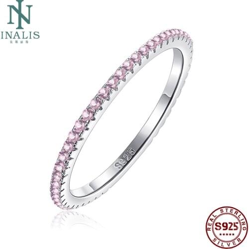 INALIS 925 Sterling Silver Ring Pink Crystal Wedding Ring For Women Simple Geometric Ring Female Fine Jewelry Gift To Girlfriend