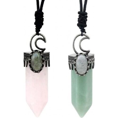 KFT Natural Healing Crystal Quartz Labradorite Pendulum Hexagon Energy Reiki Amulet Crescent Moon Stone Pendant Rope Neckalce