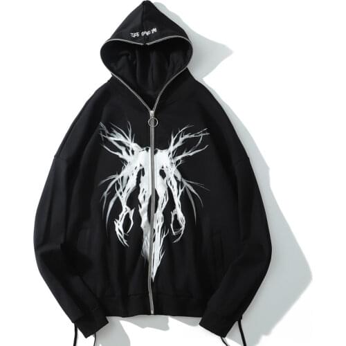 LACIBLE Zipper Jacket Coat Autumn Streetwear Dark Graffiti Oversized Hoodie Sweatshirt Hip Hop Harajuku Hooded Jacket Outwear