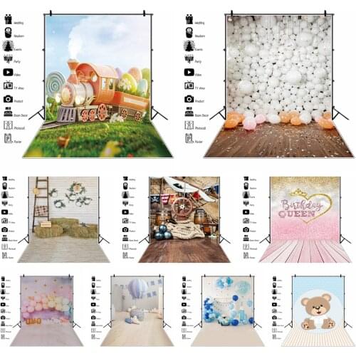 Laeacco Cute Pink Balloons 1 Year Old Birthday Baby Photography Backgrounds Customized Photographic Backdrops For Photo Studio