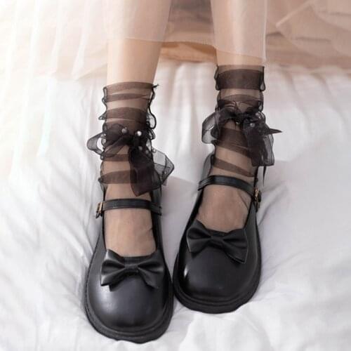 Fashion Pearls Tulle Socks Women Long Ultra-thin Lace up Socks Summer Transparent Chffion Funny Socks Female Dress Calcetines