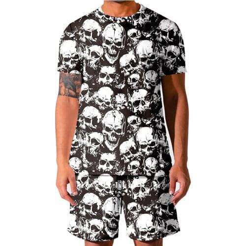 2021 New 3D Skull Punk Pattern Mens Round Neck T-shirt Suit Fashion Mens And Womens T-shirt + Shorts Sportswear Dropshipp