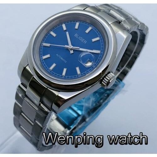 Bliger 39mm Mens Top Casual Business Watch Silver Case Sapphire Glass Blue Dial Date Luminous Waterproof Automatic Watch