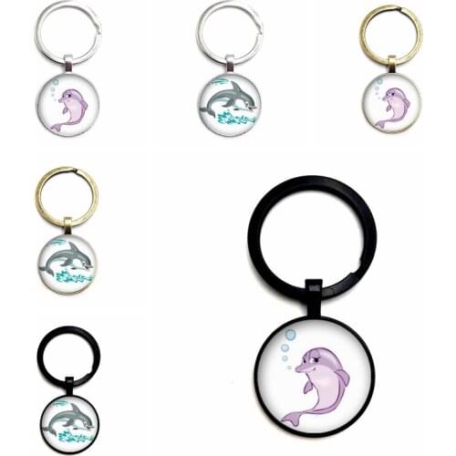 New Charm Ocean Dolphin Cute Badge Glass Cabochon Vintage Keychain Charm Car Key Ring Pendant Gift Jewelry Pendant