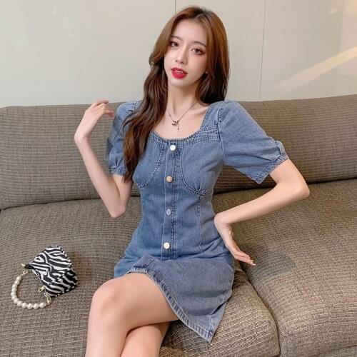 Cowboy dress Female Vintage V collar Short Sleeve 2021 Summer Dress Women New Thin High waist A-shaped Short Dress 986H