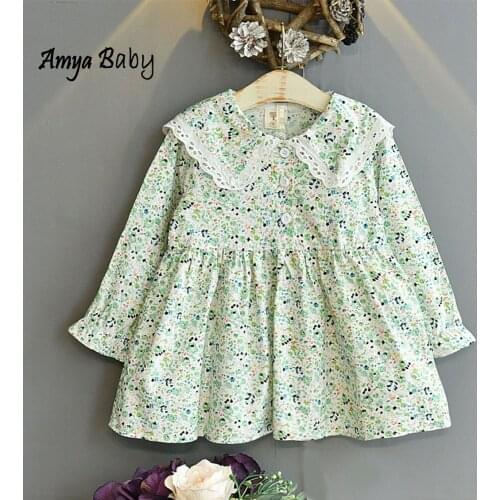 Amya Baby Girls Dresses Fall 2021 Floral Long Sleeve Peter Pan Collar Back To School Toddler Clothes
