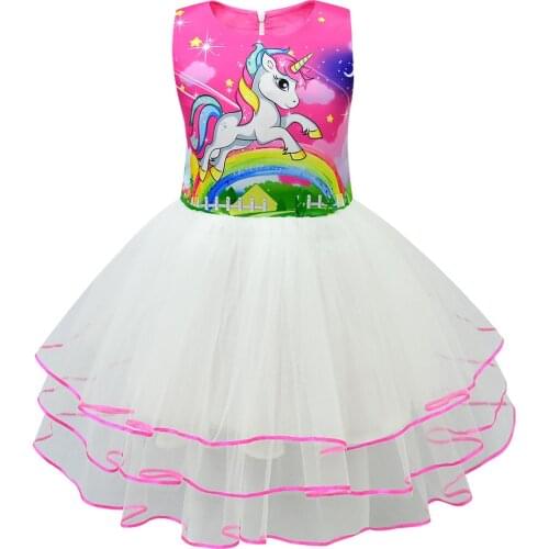 3 Color Unicorn Party Princess Dress For Girl Children Birthday Present 2-9 Years Old Mesh Lace Kids Wedding Wear Clothes