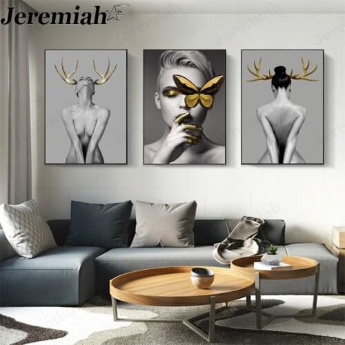 Nordic Fashion Antlers Butterfly Girl Canvas Poster Black and White Painting Wall Art Generation Home Room Decoration