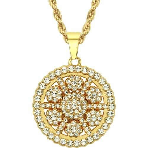 Hip Hop Rhinestones Paved Bling Iced Out Plum Blossom Round Pendants Necklace for Women Men Rapper Jewelry Drop Shipping
