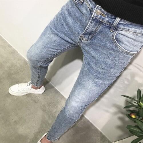 Light blue jeans mens Korean style slim-fit feet pants spring new fashion all-match elastic teenagers ankle length pants men