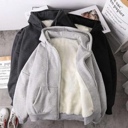 Plain Oversized Fleece Inside Hoodie Korean Zip Up Sweatshirt Pocket Drawstring Women Poleron Mujer Casual Loose Hoodie Basic