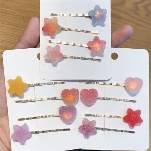 4Pcs/SET Colorful Resin Heart Star Shaped Metal Barrette Convex Pretty Hairpin Hairgrips Hair Accessories For Girl Gift Birthday