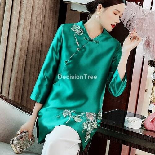 2021 womens floral embroidery ancient chinese shirt traditional qipao tops cheongsam style shirt cotton satin tang suit blouse