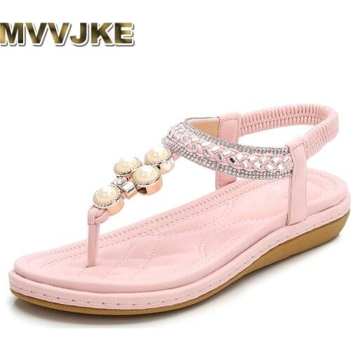 MVVJKE Comfortable Flat Heel Sandals Women Bohemia Flip Flops Beach Summer Casual Shoes String Bead Pearl Crystal Sandals