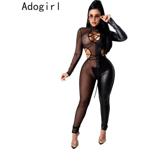 Adogirl Women Sexy Mesh Pu Patchwork Jumpsuits Cut Out Waist Open Back Lace Up Long Sleeve One Piece Rompers Club Party Wear