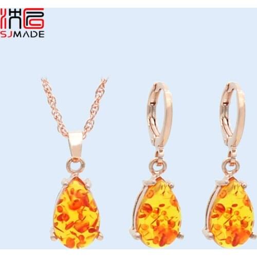 SJMADE Korean New Fashion Water Drop Imitation Ambers Dangle Earrings Jewelry Sets For Women Girls Jewelry 585 Rose Gold Eardrop