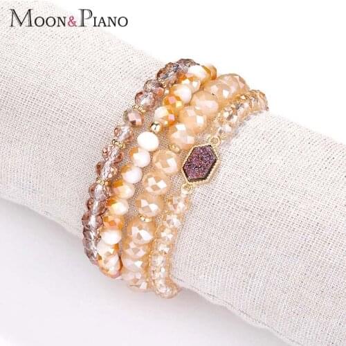 2019 New Fashion Bohemian Natural Stone Cutting Glass Beaded Charm Ladies Stretch Elastic Bracelet 4 Sets Of Decorations Gifts