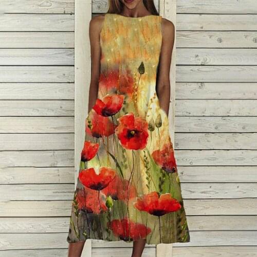 Summer Floral Print Casual Midi Dress Plus Size Sleeveless O Neck Elegant Dresses For Women Clothing Vestidos Mujer Verano 2021