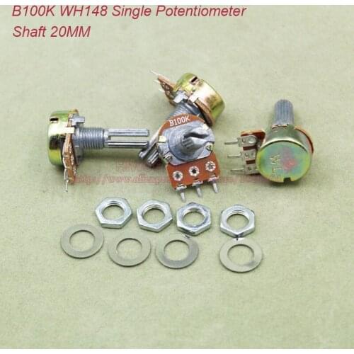 10pcs/lot) B100K 100K OHM 100KOhm WH148 Linear Single Rotary Potentiometer Pots Shaft 20MM With Nuts and Shim B100K-20MM