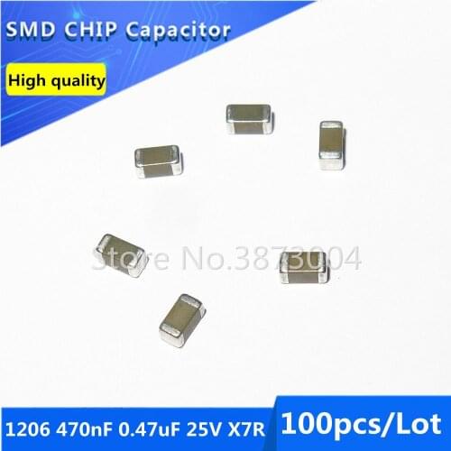100pcs 1206 470nF 0.47uF 25V X7R 10% Thick Film Chip Multilayer Ceramic Capacitor