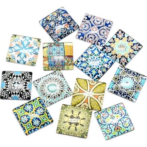 100pcs Printed Glass Flat Back Cabochons for Jewelry DIY Findings Square Geometric Flower Theme Mixed Color 25x25x6.5mm