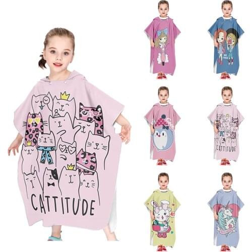 Kids Beach Poncho Cute Cat Print Beach Towel Hooded Super Absorbent Microfibre Children BathRobe Toddler Pool Towel with Hood